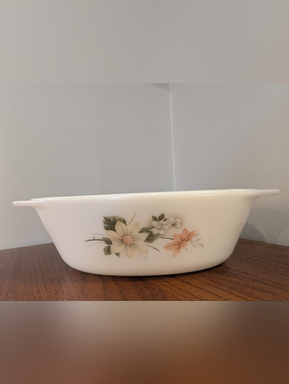 JAJ Pyrex Milk Glass Autumn Glory Dahlia Medium Casserole Dish 9"
